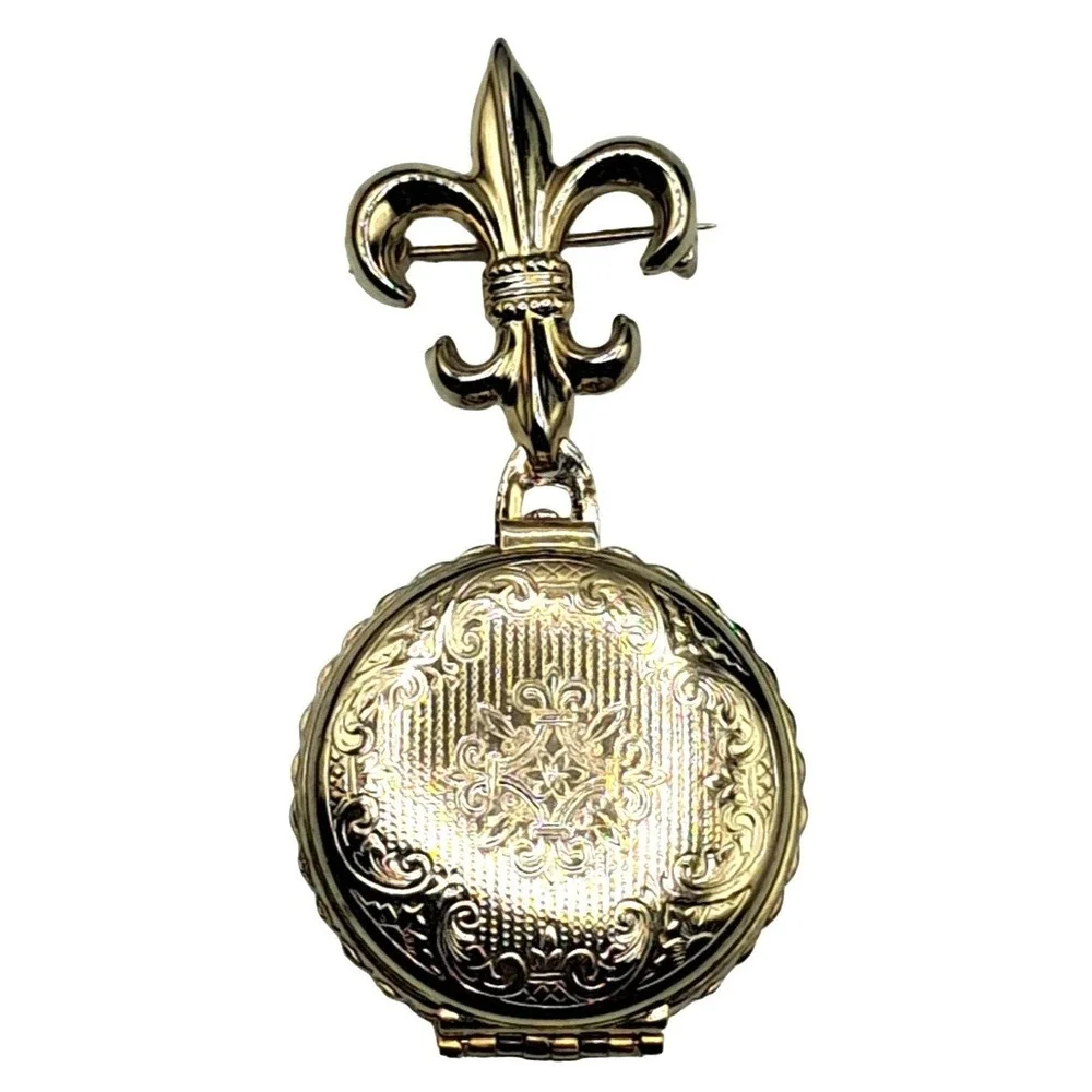 Vintage Coro Photo Locket Brooch Four Picture Frame Fleur de Lis Frame Gold Tone